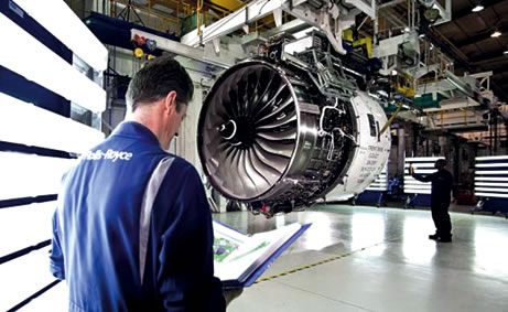 Rolls Royce engineer inspecting the Trent XWB, aero gas turbine